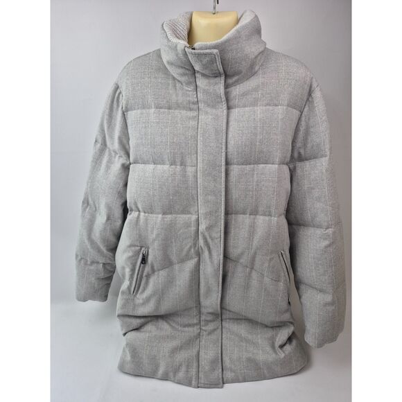 Eleventy Women's Grey Pinstripe Wool Stretch Flannel Puffer Coat Size Large - Picture 3 of 10